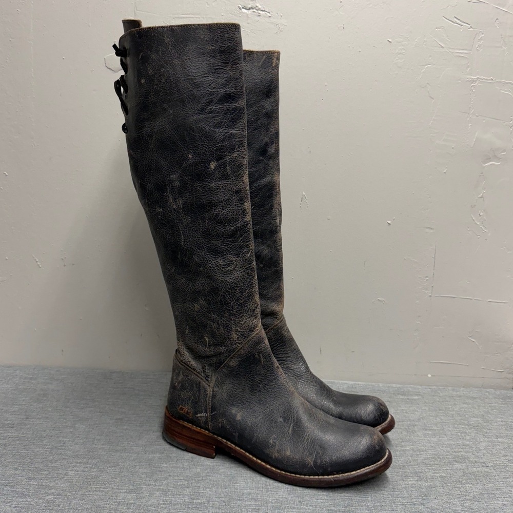 Bed Stu Manchester Tall Boots Womens 9.5 Black Distressed Leather Lace Up Back